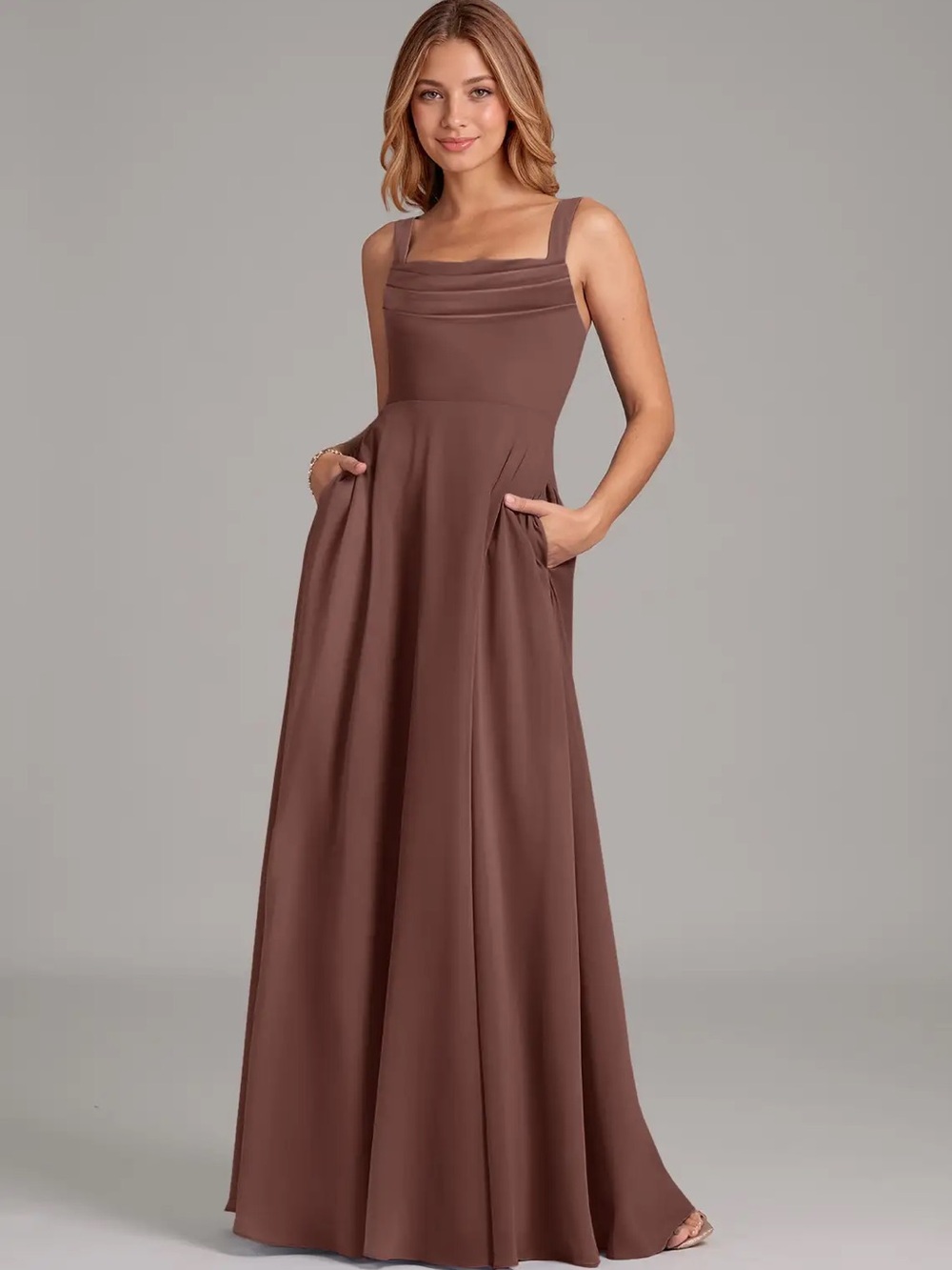 Azazie Shaude Espresso A-Line Pleated Chiffon Dress